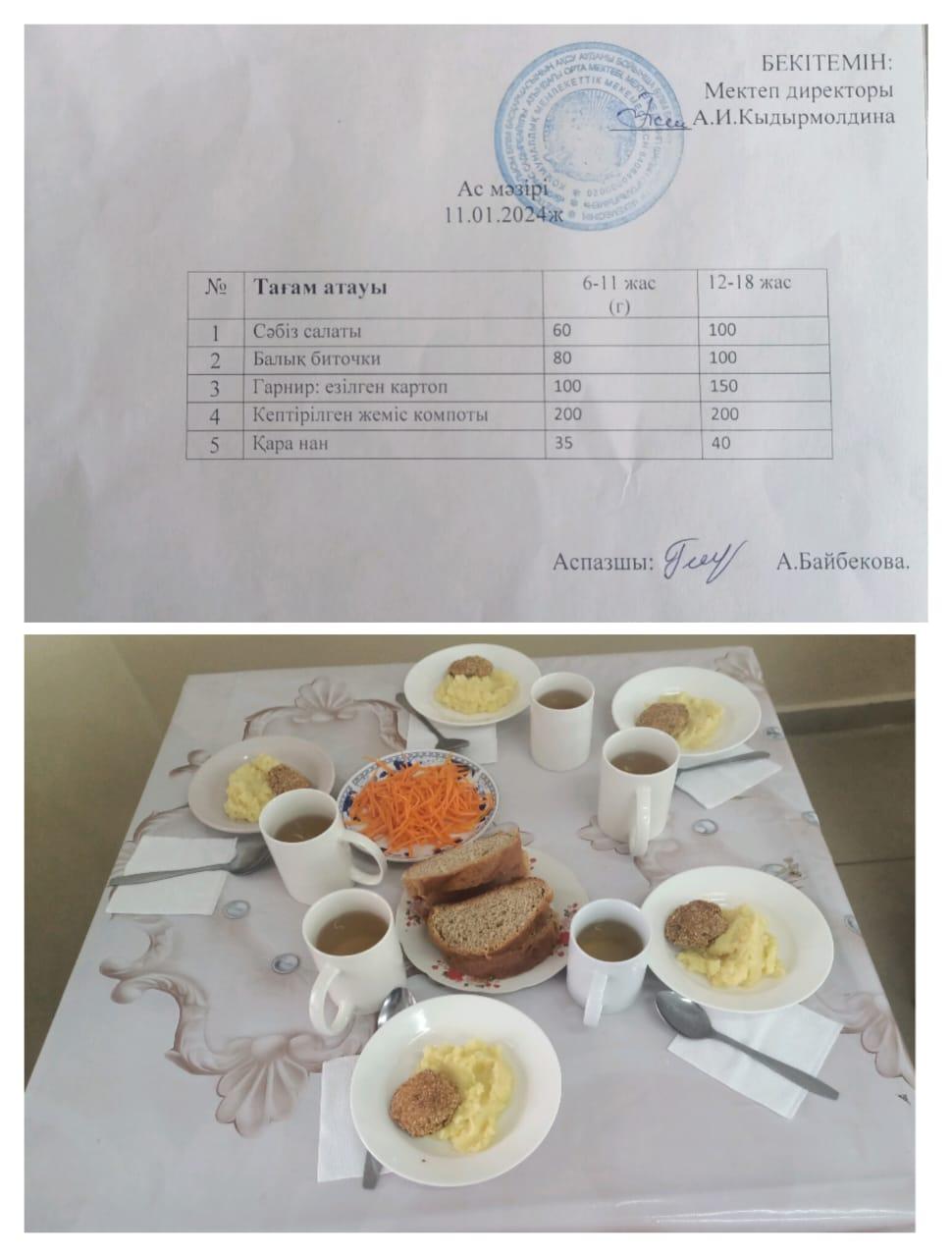 Бижарас Садырбайұлы атындағы орта мектебінің 11.01.2024 жылғы ыстық тамақ мәзірі