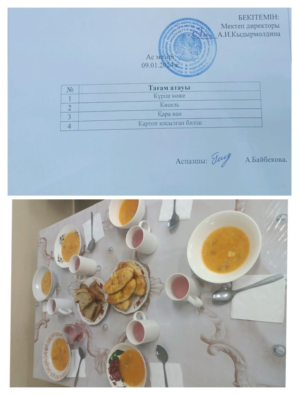 Бижарас Садырбайұлы атындағы орта мектебінің 09.01.2024 жылғы ыстық тамақ мәзірі